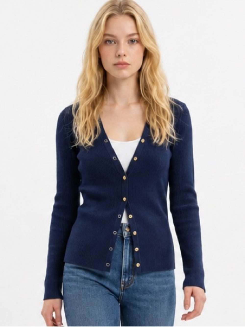 Vici Navy Ribbed Button-Up Cardigan